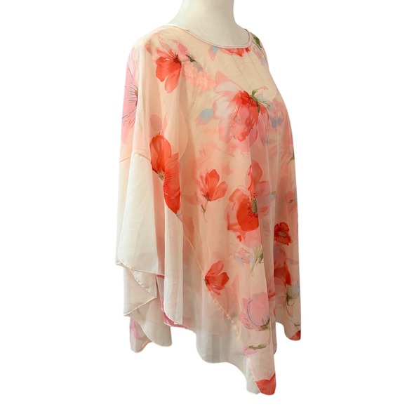 Belle Dame Floral Poncho 2 Piece Set Size Large Coral Peach Sheer Layered Blouse - Picture 3 of 8